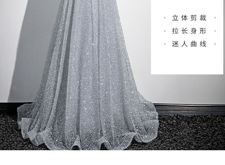 Gown Floral Evening Short-Sleeve Glitter A-Line