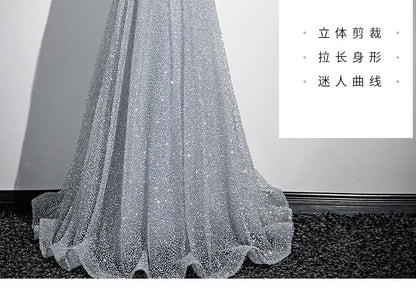 Gown Floral Evening Short-Sleeve Glitter A-Line