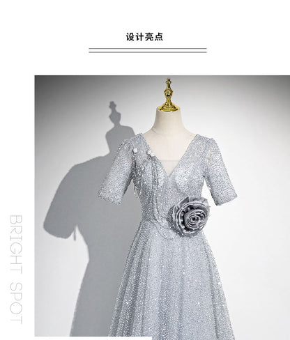 Gown Floral Evening Short-Sleeve Glitter A-Line