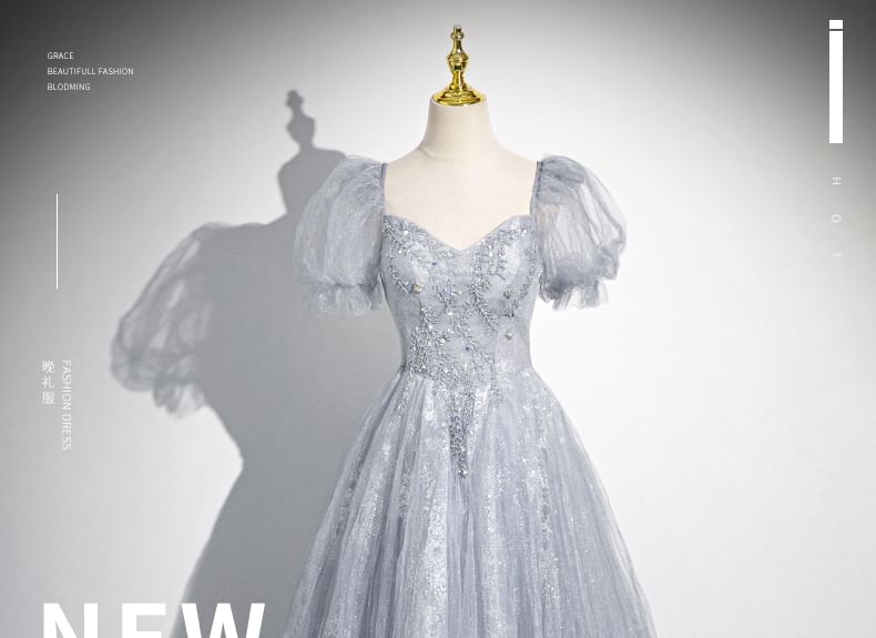 Sweetheart-Neckline Gown Rhinestone A-Line Evening Puff-Sleeve