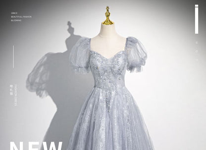 Puff-Sleeve Sweetheart-Neckline Rhinestone A-Line Evening Gown