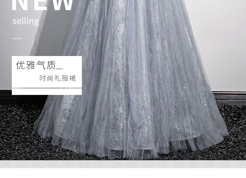 Sweetheart-Neckline Gown Rhinestone A-Line Evening Puff-Sleeve