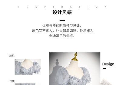 Sweetheart-Neckline Gown Rhinestone A-Line Evening Puff-Sleeve