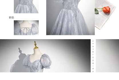 Sweetheart-Neckline Gown Rhinestone A-Line Evening Puff-Sleeve