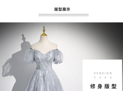 Puff-Sleeve Sweetheart-Neckline Rhinestone A-Line Evening Gown