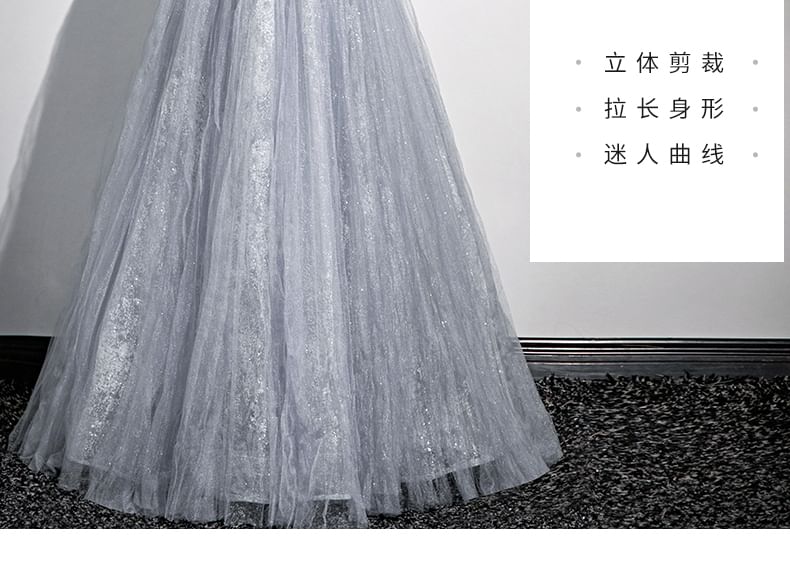 Sweetheart-Neckline Gown Rhinestone A-Line Evening Puff-Sleeve