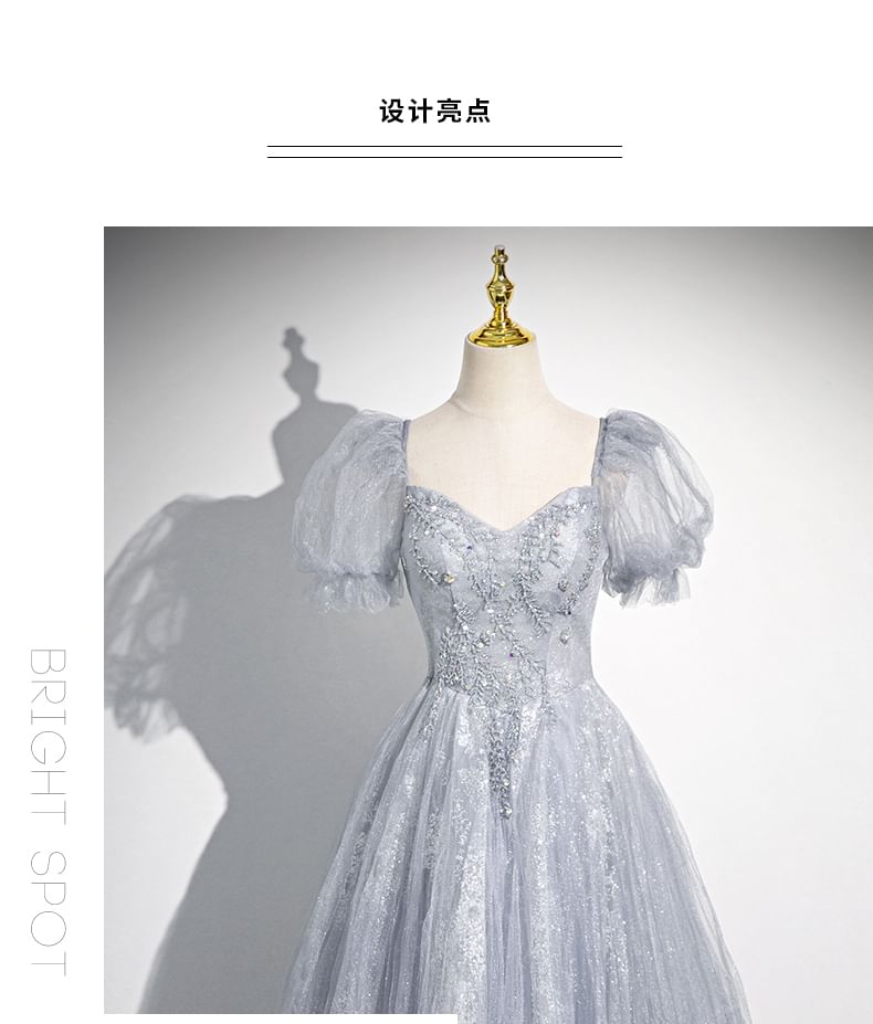 Sweetheart-Neckline Gown Rhinestone A-Line Evening Puff-Sleeve