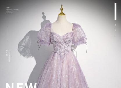 Gown Floral Evening A-Line Sweetheart-Neckline Print Puff-Sleeve