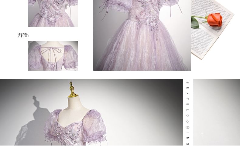 Gown Floral Evening A-Line Sweetheart-Neckline Print Puff-Sleeve