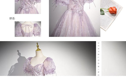 Gown Floral Evening A-Line Sweetheart-Neckline Print Puff-Sleeve