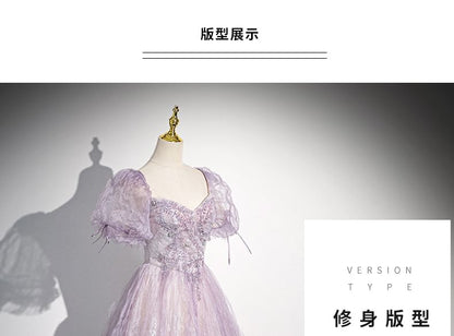 Gown Floral Evening A-Line Sweetheart-Neckline Print Puff-Sleeve