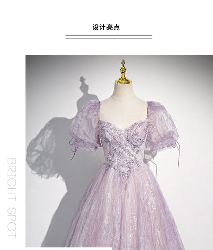 Gown Floral Evening A-Line Sweetheart-Neckline Print Puff-Sleeve