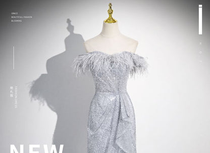Off-Shoulder Feather Sequin Asymmetrical Ruffled Mermaid Evening Gown