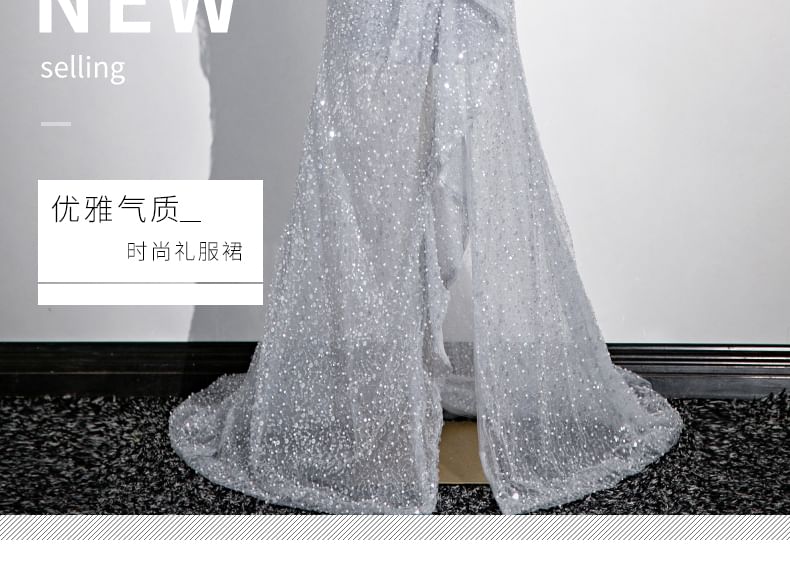 Off-Shoulder Feather Sequin Asymmetrical Ruffled Mermaid Evening Gown