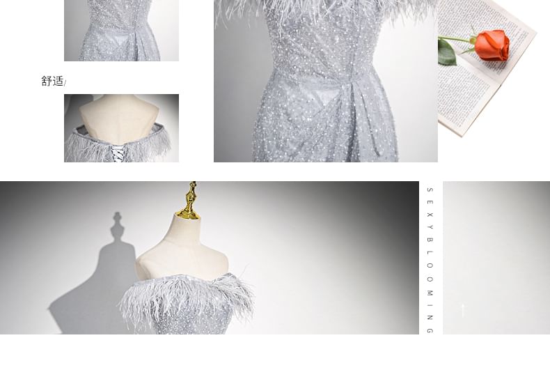 Off-Shoulder Feather Sequin Asymmetrical Ruffled Mermaid Evening Gown