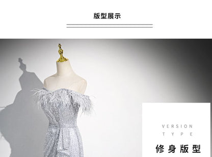 Off-Shoulder Feather Sequin Asymmetrical Ruffled Mermaid Evening Gown