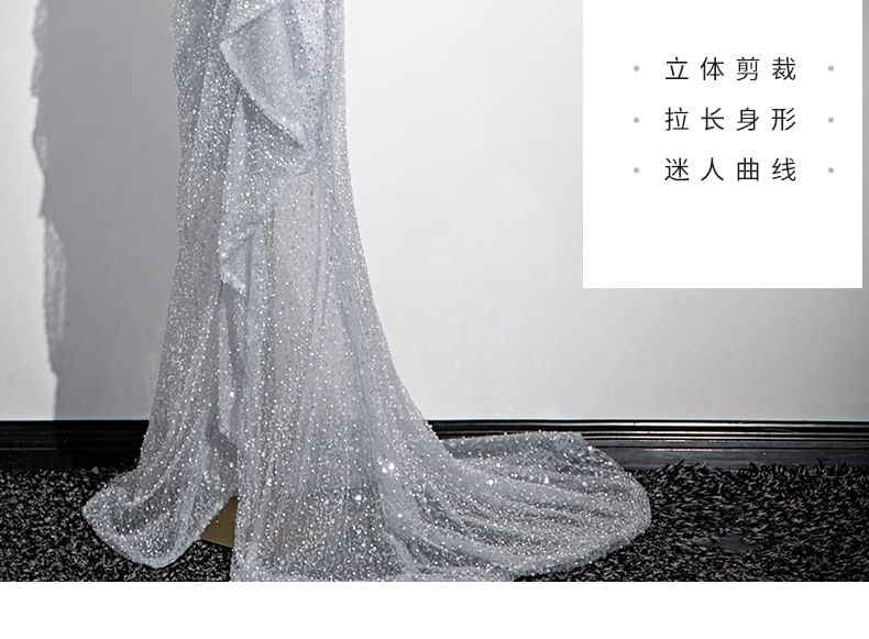 Off-Shoulder Feather Sequin Asymmetrical Ruffled Mermaid Evening Gown