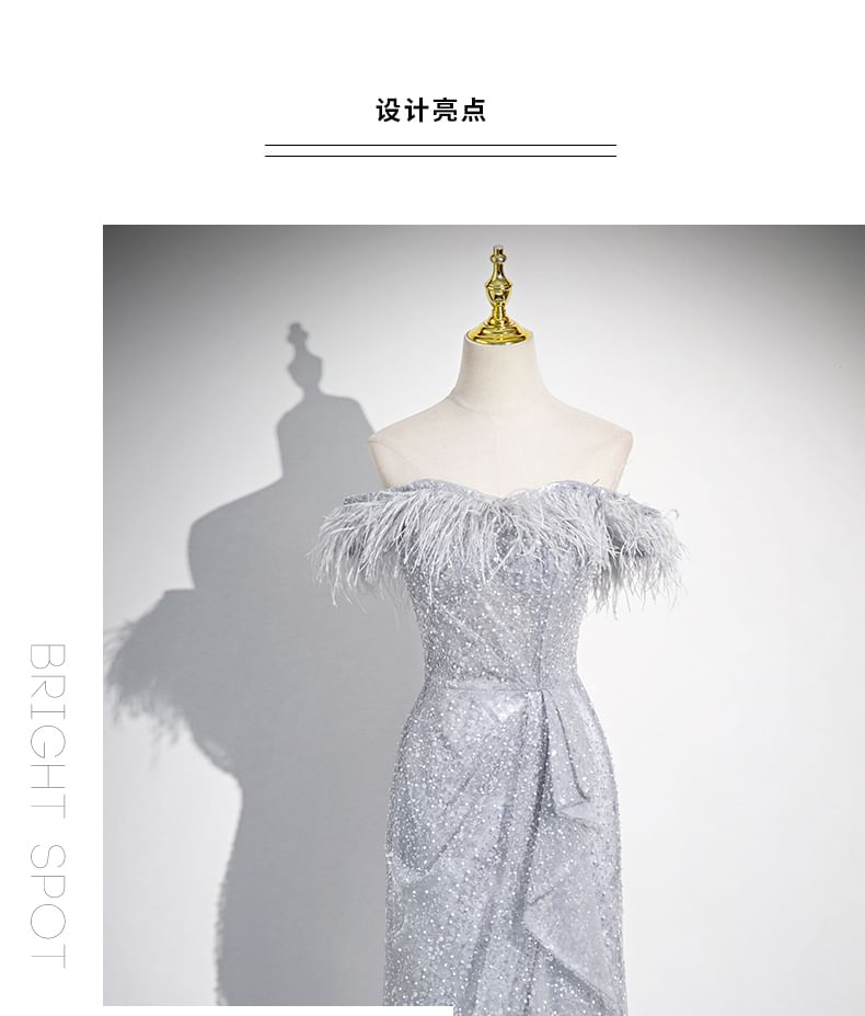 Off-Shoulder Feather Sequin Asymmetrical Ruffled Mermaid Evening Gown