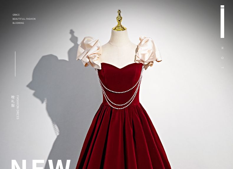 Short-Sleeve Sweetheart-Neckline Faux Pearl Strap A-Line Evening Gown