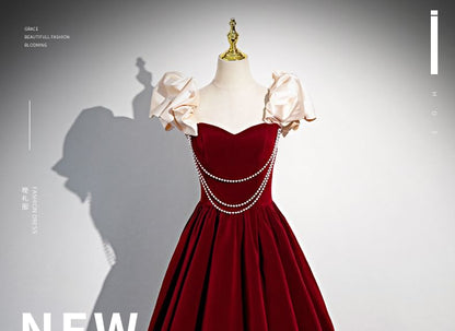 Short-Sleeve Sweetheart-Neckline Faux Pearl Strap A-Line Evening Gown