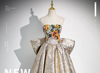 Strapless Floral Print Bow Back A-Line Evening Gown