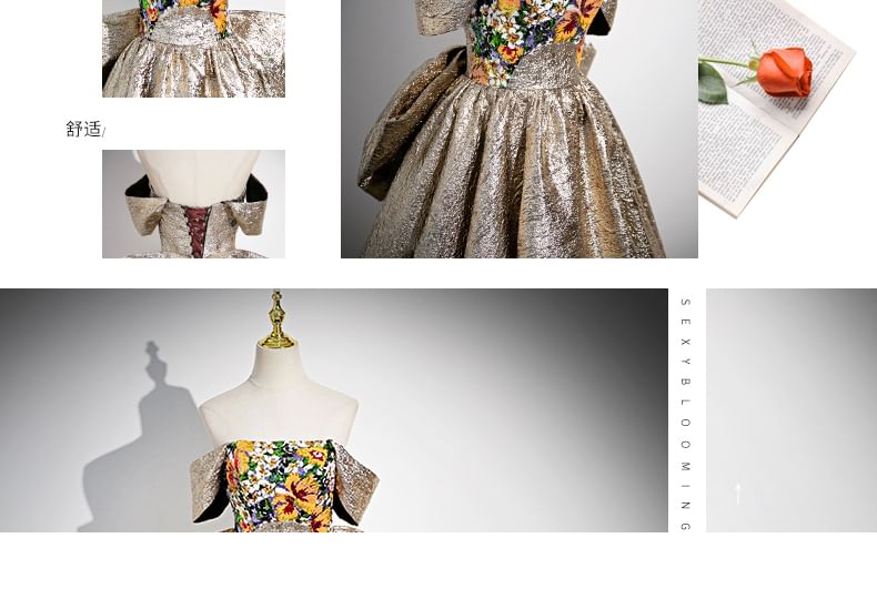 Strapless Floral Print Bow Back A-Line Evening Gown