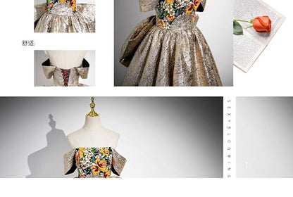 Strapless Floral Print Bow Back A-Line Evening Gown