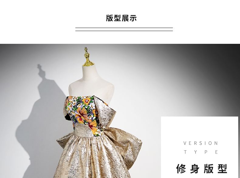 Back A-Line Evening Gown Strapless Floral Bow Print