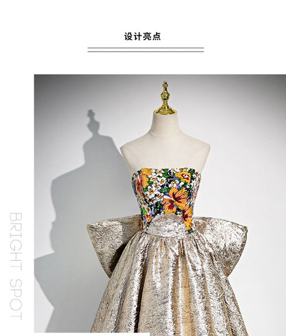 Strapless Floral Print Bow Back A-Line Evening Gown