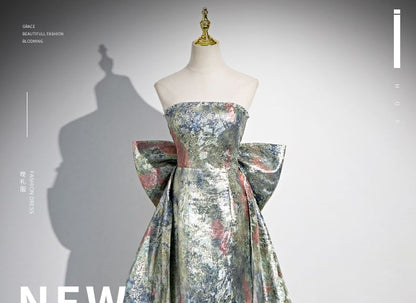 Strapless Evening Back Floral Bow Print A-Line Gown