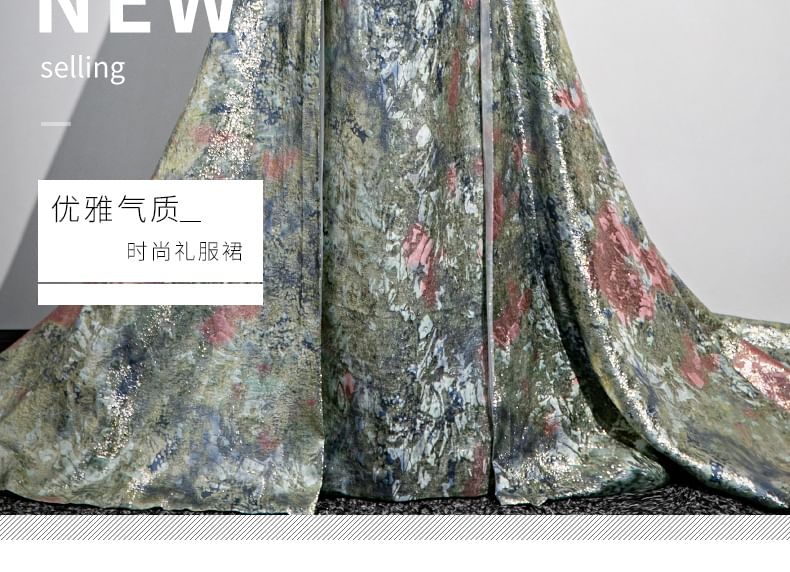 Strapless Evening Back Floral Bow Print A-Line Gown