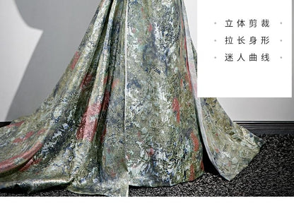 Strapless Evening Back Floral Bow Print A-Line Gown