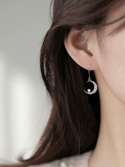 Moon & Star Rhinestone Faux Pearl Asymmetrical Alloy Dangle Earring