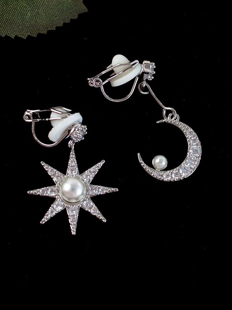 Moon & Star Rhinestone Faux Pearl Asymmetrical Alloy Dangle Earring
