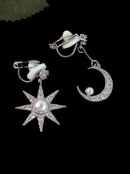 Moon & Star Rhinestone Faux Pearl Asymmetrical Alloy Dangle Earring