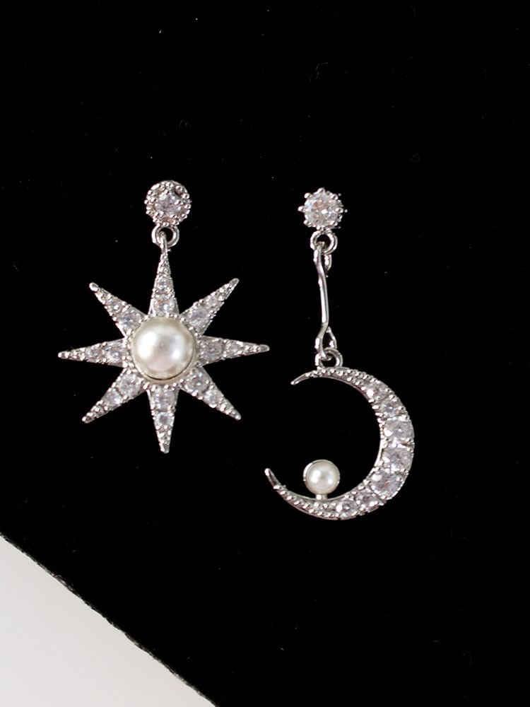 Moon & Star Rhinestone Faux Pearl Asymmetrical Alloy Dangle Earring