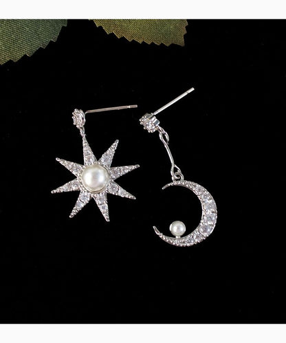 Moon & Star Rhinestone Faux Pearl Asymmetrical Alloy Dangle Earring