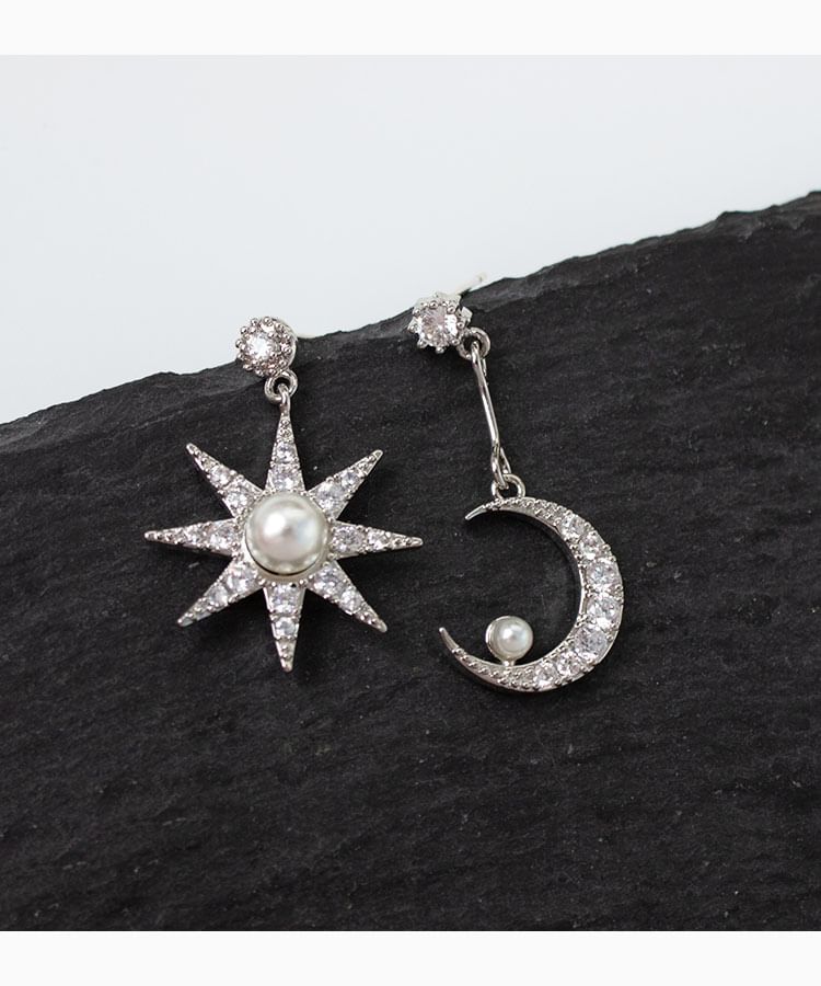 Moon & Star Rhinestone Faux Pearl Asymmetrical Alloy Dangle Earring
