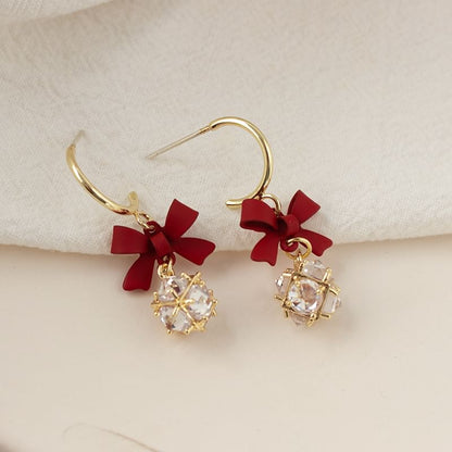 Caged Rhinestone Bow Alloy Dangle Earring