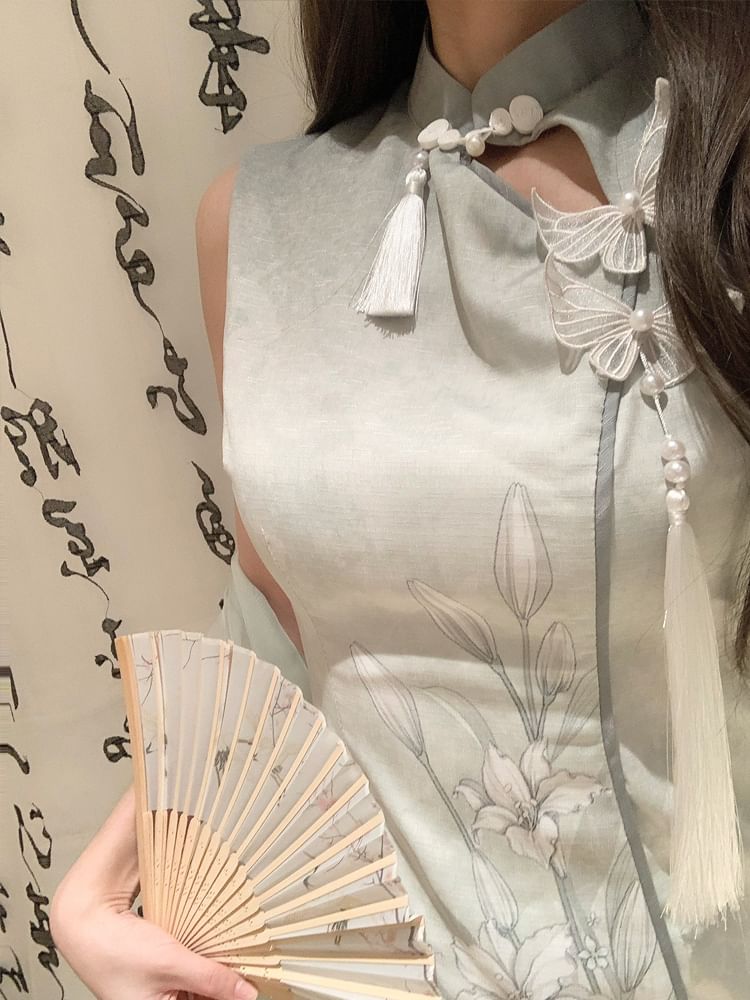 Sleeveless Floral Beaded Mesh Panel Midi Qipao