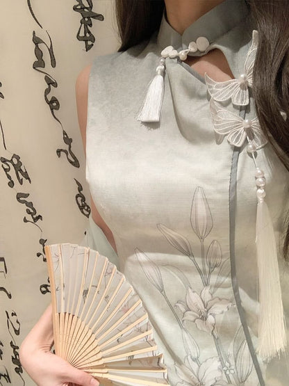 Sleeveless Floral Beaded Mesh Panel Midi Qipao