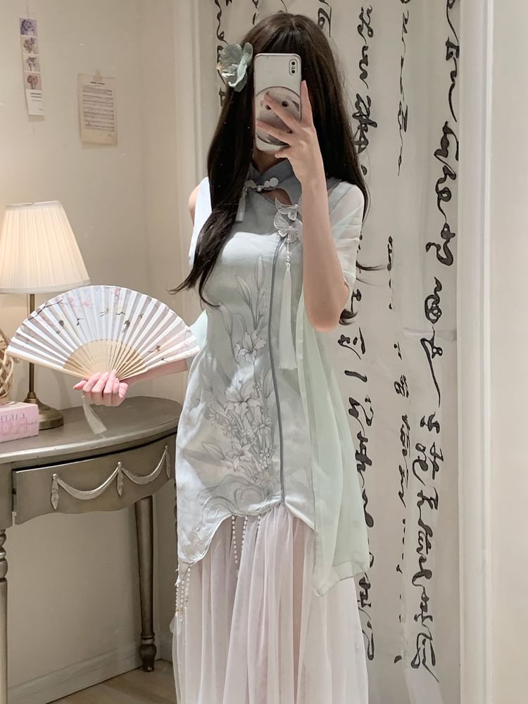 Sleeveless Floral Beaded Mesh Panel Midi Qipao