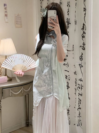 Sleeveless Floral Beaded Mesh Panel Midi Qipao