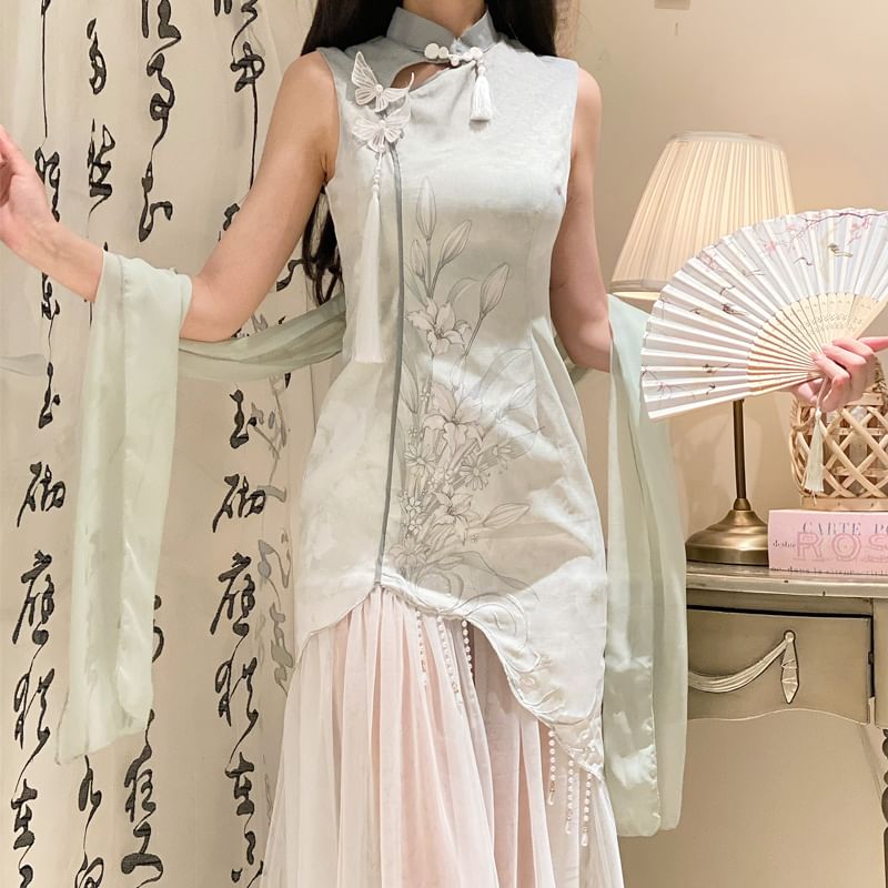 Sleeveless Floral Beaded Mesh Panel Midi Qipao
