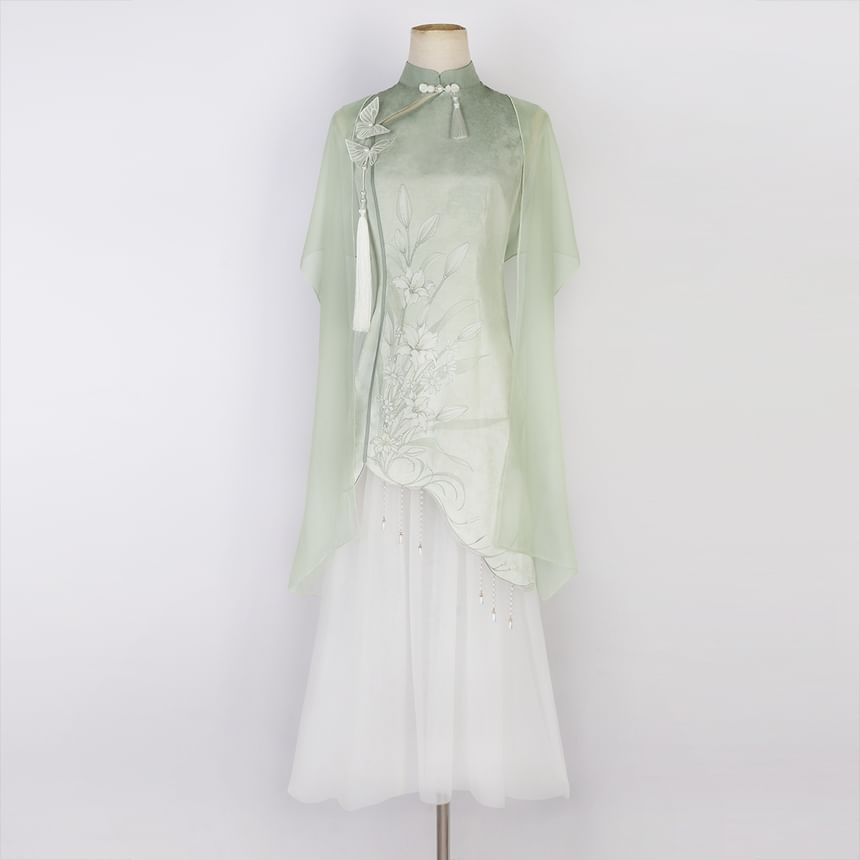 Sleeveless Floral Beaded Mesh Panel Midi Qipao