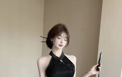 Sleeveless Halter Jacquard Mini Qipao