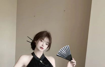 Sleeveless Halter Jacquard Mini Qipao