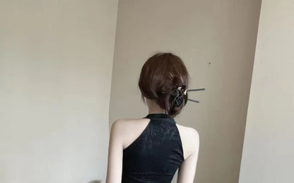 Sleeveless Halter Jacquard Mini Qipao