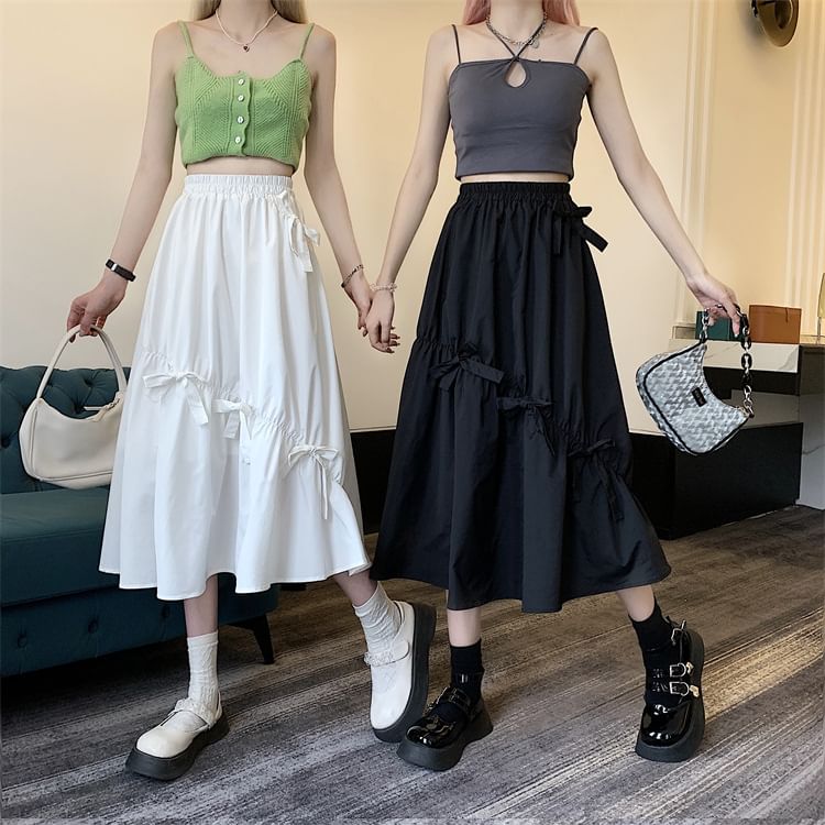 High Waist Plain Bow Midi A-Line Skirt