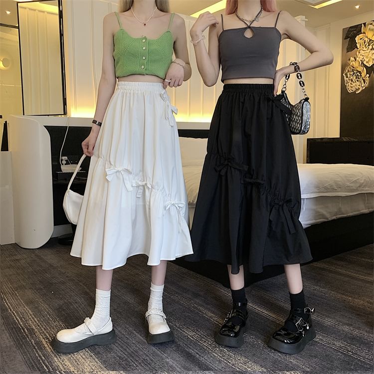 High Waist Plain Bow Midi A-Line Skirt